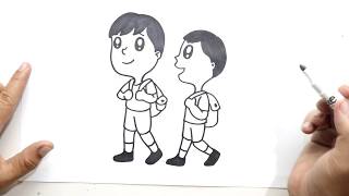 How to Draw two friends going to school for kids [upl. by Foscalina475]