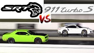 840 HP HELLCAT vs Tuned PORSCHE 991 TURBO S  14 mile Drag Race  RoadTest® [upl. by Reinaldo908]