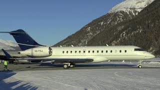 Bombardier BD700 VHFGJ takeoff at St Moritz  Samedan Airport [upl. by Orgel]