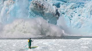 600ft Tall Calving Glacier causes Massive Wave to WIPE OUT BEACH [upl. by Barber]