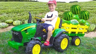 Darius Rides on Tractor \ Kids Pretend Play riding on Truck Toys gathering watermelon [upl. by Ary843]