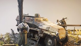 burnt sdkfz 250 hanomag model Tamiya scala 135 Building a diorama [upl. by Lenahtan]