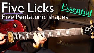 Five great licks  Five pentatonic shapes  With Tabs and jam track [upl. by Anilesor]