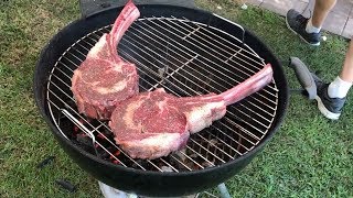 How To Grill Tomahawk Rib Eye Steaks on a Weber Grill With a BBQ Dragon Spin Grate [upl. by Ahsemed]