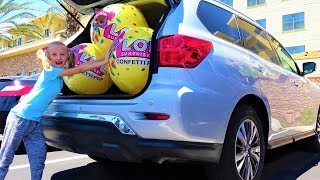 Giant LOL Surprises Confetti POP hide in the Parents Car [upl. by Aicilif]