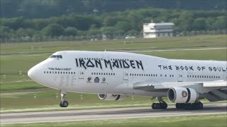 Iron Maiden quotED Force Onequot Boeing 747400 Arrival at Düsseldorf Airport  HD [upl. by Sivrad286]