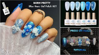 BLUE CAT EYE ELEGANT ALMOND PRESS ONS TUTORIAL  BORN PRETTY BLUE STARS GEL POLISH amp SUPER TOP COAT [upl. by Monahon]