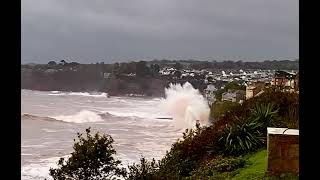 Storm Ciarán battering Dawlish sea wall as train has near miss with huge wave [upl. by Benedict964]