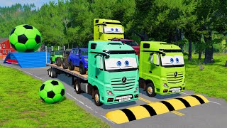 Double Flatbed Trailer Truck vs Speedbumps Train vs Cars  Tractor vs Train BeamngDrive [upl. by Idnas]