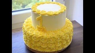 Easy two tier birthday cake at home Rosette birthday Cake yellow rosette cake [upl. by Ahcrop729]