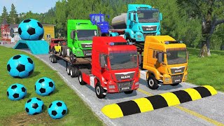 Double Flatbed Trailer Truck vs Speedbumps Train vs Cars Tractor vs Train Beamng Drive 005 [upl. by Asilef]