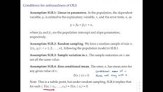 Econometrics topic 3 video 6 Conditions for unbiasedness of OLS [upl. by Uliram]