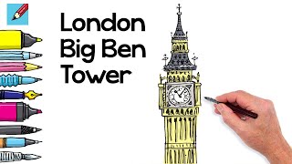 How to draw Londons Big Ben Elizabeth Tower  Step by Step with Easy  Spoken Instructions [upl. by Fanning303]