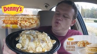 Dennys ☆SALTED CARAMEL amp BANANA CREAM PANCAKE BREAKFAST☆ Food Review [upl. by Alyehc]