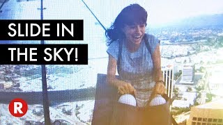 Terrifying Skyslide Glass Slide 1000 ft in the Sky  Los Angeles CA [upl. by Koralle6]