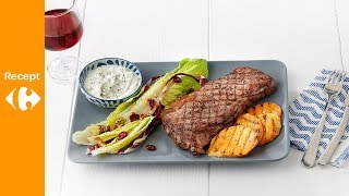 Steak en zoete aardappelen Romeinse sla met dressing van roquefort [upl. by Merwyn658]