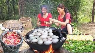 Adventure in forest Meet the giant turtle Cooking water spinach with egg and eat Survival cooking [upl. by Horatia489]