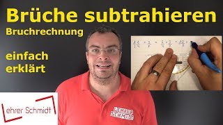 Brüche subtrahieren Minus  Bruchrechnung  einfach erklärt  Lehrerschmidt [upl. by Edaj]