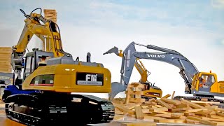 AWESOME RC Excavator RC Bagger BRUDER Demolition Gear tearing down KAPLA Towers [upl. by Suirada]