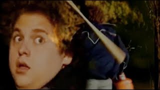 Superbad  Seth Hit With A Baseball Bat SuperbadMovie RunningFromCops BaseballBatScene TentScene [upl. by Olonam]