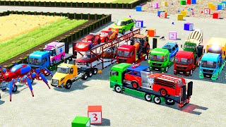 TRANSPORTING CARS DOUBLE CABINS MIXER TRUCK AMBULANCE POLICE CARS OF COLORS WITH TRUCKS  FS22 [upl. by Edobalo]