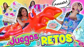 🦀 JUEGOS y RETOS en la PISCINA 🐳 Saltos FLOTADORES gigantes CHALLENGE 🍩 24 horas en la PISCINA [upl. by Ecinej]