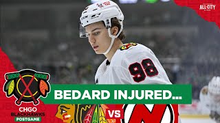 Connor Bedard INJURED in Blackhawks HardFought Loss vs Devils  CHGO Blackhawks Postgame [upl. by Eisserc]