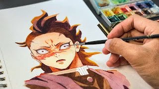 Drawing practice with watercolor  step by step Genya from Demon Slayer [upl. by Huesman]