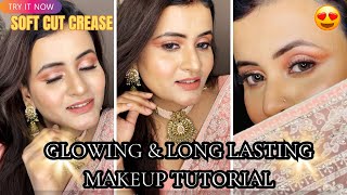 😍Creaseless Glossy Makeup with Peach Saree🌸 partymakeup dewymakeup stepbystepmakeup [upl. by Gokey]