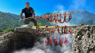 Primitive Technology Of Cooking Homemade Hot Smoked Meat In The Mountains [upl. by Huxham351]