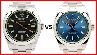 ▶ Rolex Milgauss Green Sapphire Crystal black vs blue Dial COMPARISON  116400 [upl. by Leeanne]