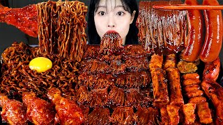 ASMR MUKBANG 직접 만든 불닭 짜장 버섯 양념치킨 소세지 먹방 amp 레시피 SPICY MUSHROOMS AND FIRE NOODLES EATING [upl. by Dammahum]