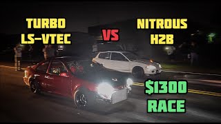 TURBO LSVTEC HONDA CIVIC EG COUPE VS NITROUS H2B CIVIC EG HATCH  1300 STREET RACE  CFRACING [upl. by Dunkin]