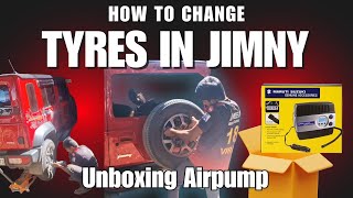 How to change spare tyres in Jimny  Unboxing and Using Maruti Suzuki Airpump Must Have automobile [upl. by Nohsyar]