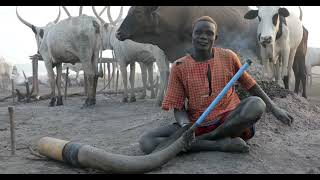 Mundari tribe man blowing in a cow horn Central Equatoria Terekeka South Sudan [upl. by Audly]