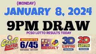 Lotto Result Today 9pm draw January 8 2024 655 645 4D Swertres Ez2 PCSOlotto [upl. by Nolava888]