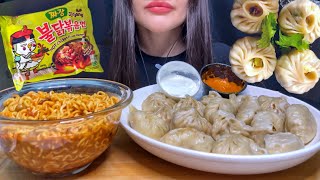 ASMR KOREAN SPICY NOODLES  DUMPLINGS  MOMOS MUKBANG EATING SOUNDS [upl. by Nlocnil]