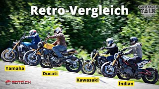 RetroVergleich  Ducati Scrambler 1100 gegen Indian FTR Kawasaki Z900RS SE und Yamaha XSR 900 [upl. by Ellebanna233]