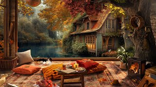 Autumn Cozy Gazebo by Olde Lake with Falling Leaves and Cracking fire Sounds for Relaxation [upl. by Ansley87]