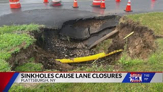 Thursday storms causes sinkholes amp plane damage in Plattsburgh [upl. by Grant]