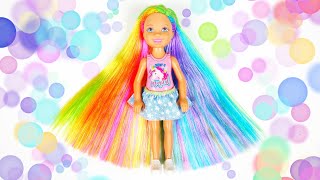 BARBIE DOLL HAIRSTYLE UNICORN RAINBOW DIY CHELSEA HAIR MAKING [upl. by Llirrem238]