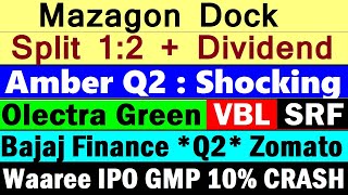 Waaree IPO GMP 10 CRASH😭🔴Mazagon Dock Split dividend🔴Olectra Green🔴Bajaj Finance Q2🔴Zomato🔴VBL🔴SRF [upl. by Roldan]