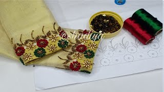 Beautiful silk thread long french knot sleeve embroidery for beginnerslavangam stitch embroidery [upl. by Anicart]