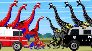 ALL SPIDERMAN TREX VS BRONTOSAURUS AMBULANCE CAR POLICE Jurassic World Dinosaur Disappeared [upl. by Novar784]