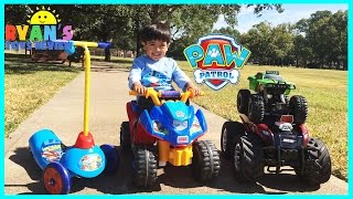 Ryan PLAYTIME AT THE PARK with Paw Patrol Power Wheels and opening egg surprise [upl. by Etna]