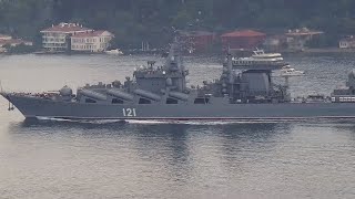 Russian Navy Cruiser MOSKVA amp Frigate ADMIRAL ESSEN transit Istanbul towards Black Sea  Jul 5 2021 [upl. by Melissa]