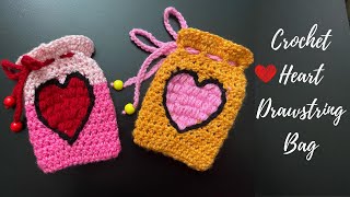 Crochet Heart Drawstring Bag  Pouch Tutorial [upl. by Gladis77]