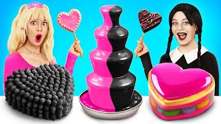 Barbie vs Wednesday Addams Food Challenge Only Pink vs Black Color for 24 Hours by YUMMY JELLY [upl. by Aric]