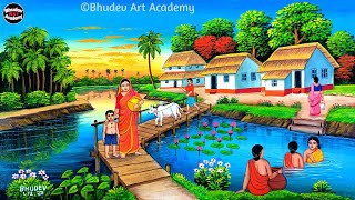 Beautiful Village Landscape Scenery Painting Indian Village Scenery Painting With EarthWatercolor [upl. by Anelrihs]