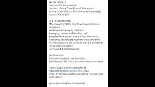 Receptionist  Apply now  Job seekers  New Opportunities rawalpindijobs jobs2024 receptionist [upl. by Arvy279]